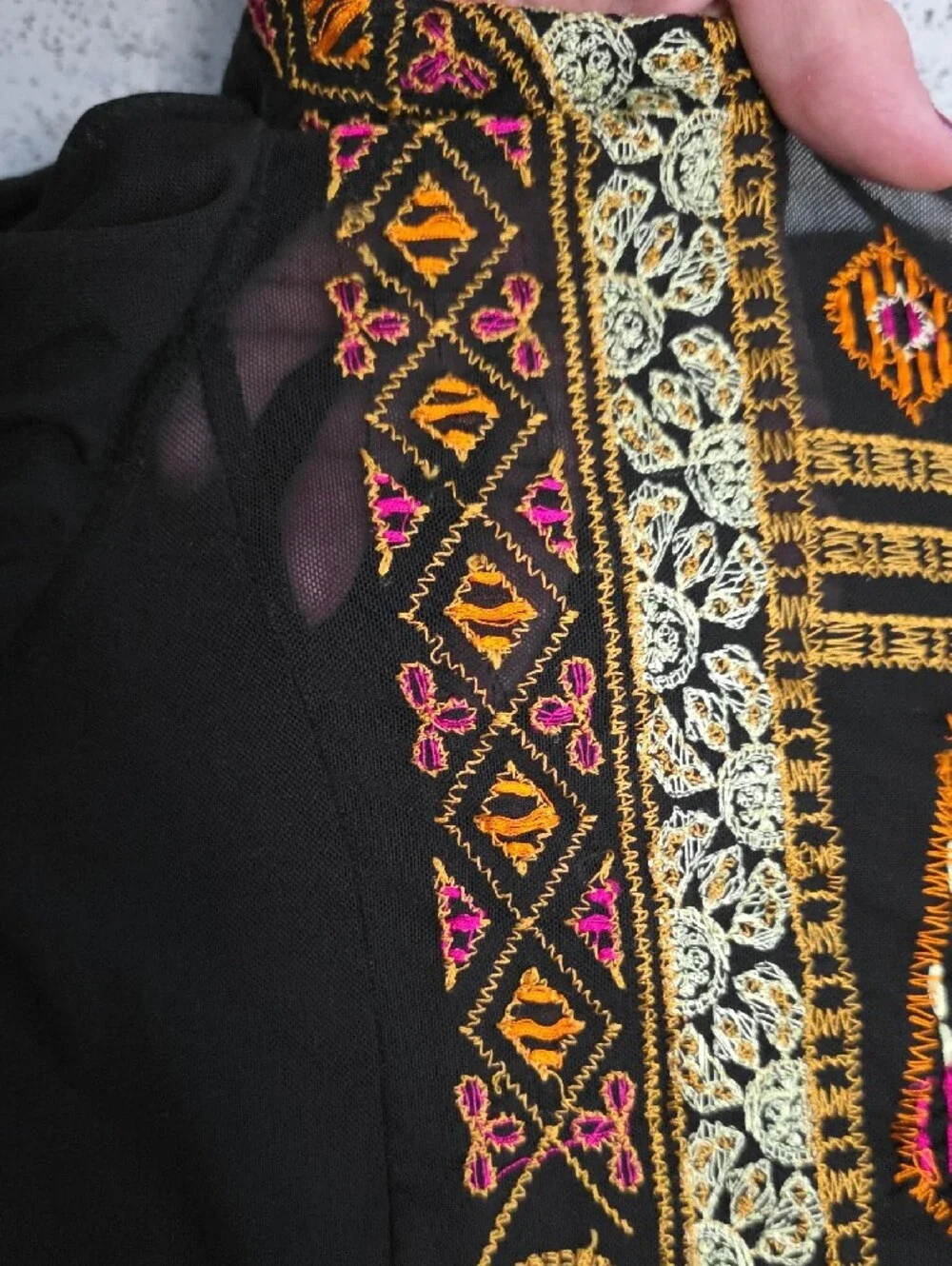 Free People Black Blouse with Multicolor Embroidered Yoke